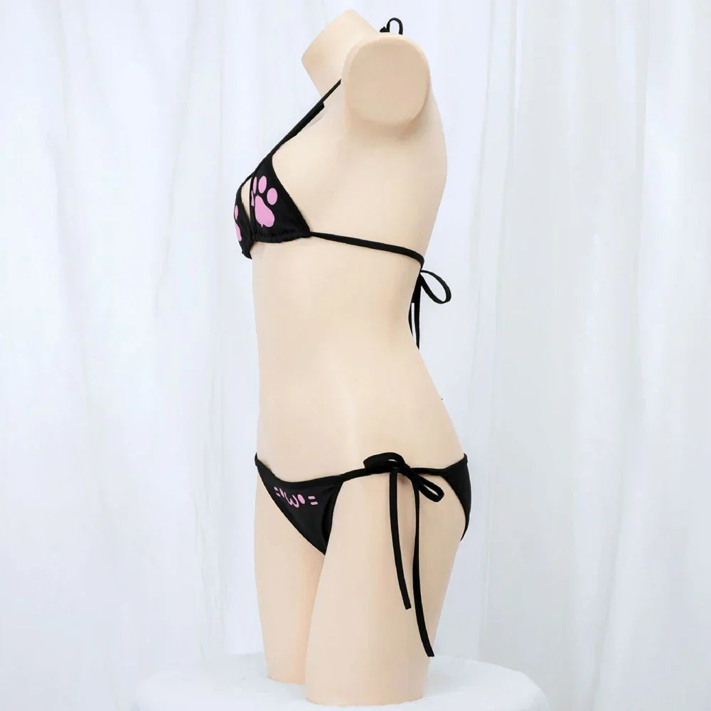 Anime Kawaii Girl Cute Cat Paw Bikini Swimsuit Women Claw Pattern Three Point Underwear Set Costume Cosplay