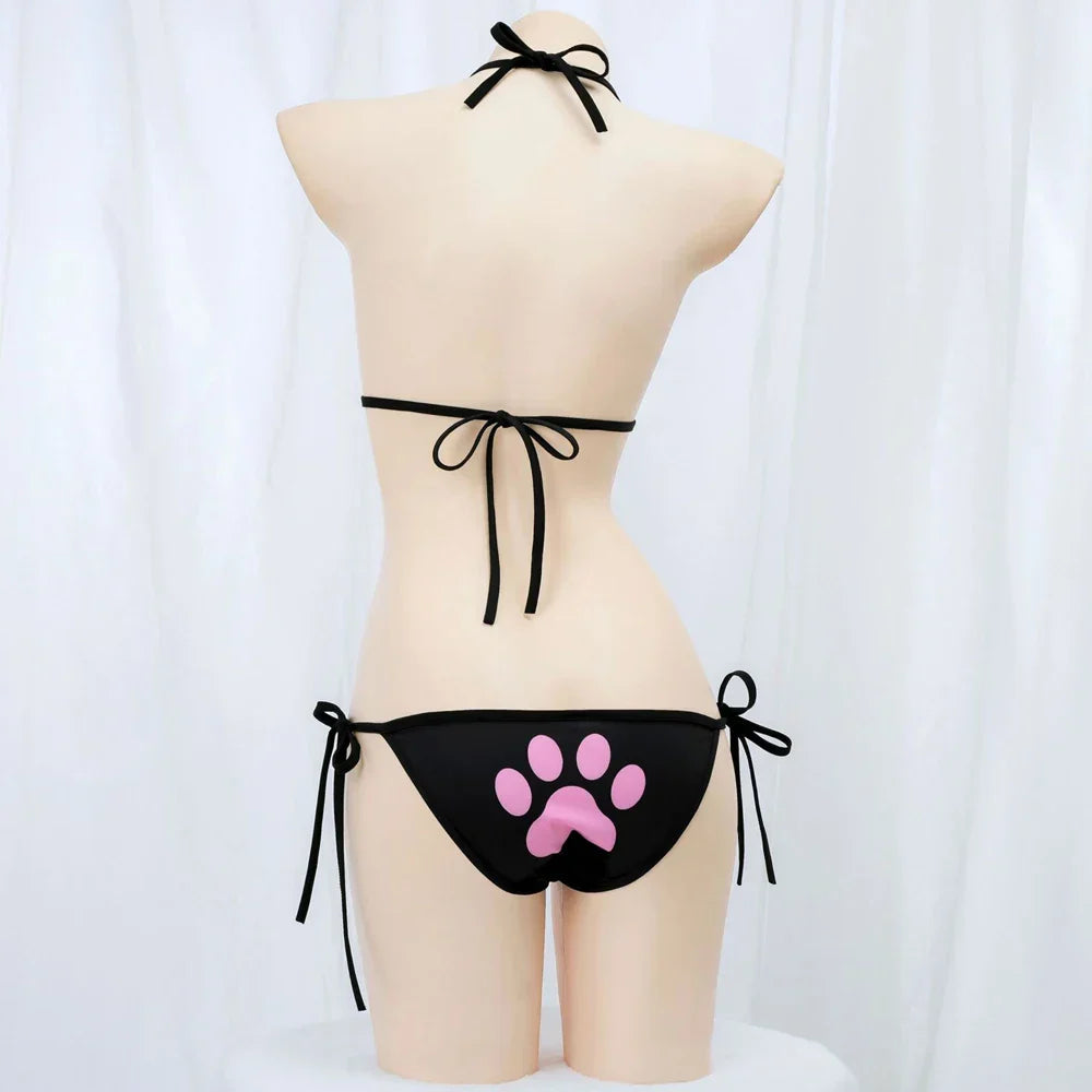 Anime Kawaii Girl Cute Cat Paw Bikini Swimsuit Women Claw Pattern Three Point Underwear Set Costume Cosplay