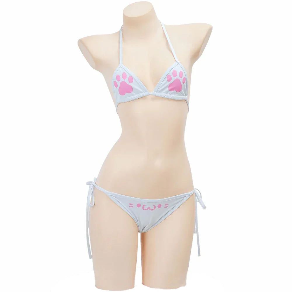 Anime Kawaii Girl Cute Cat Paw Bikini Swimsuit Women Claw Pattern Three Point Underwear Set Costume Cosplay - White