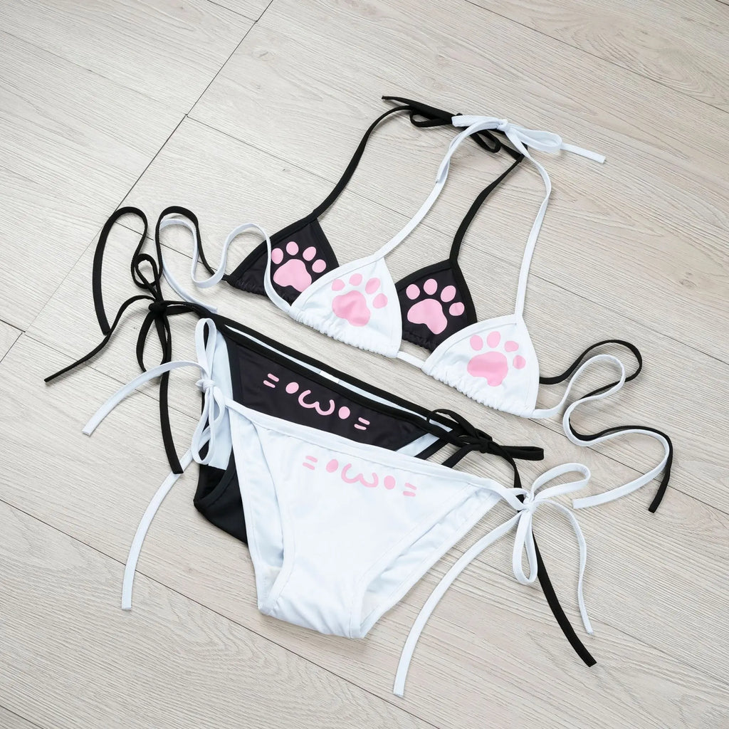 Japanese Anime Kawaii Cat Paw Micro Bikini Set for Women Girl Bandage Backless Mini Swimsuit Underwear Lingerie Bathing