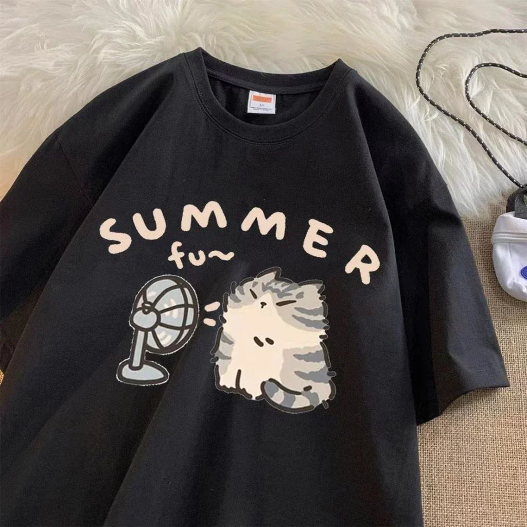 Girl Clothes 100% Pure Cotton Kids Summer Cat Fan Print T Shirt Boys Girls Cute Cartoon Short Sleeve Tee Casual Pink