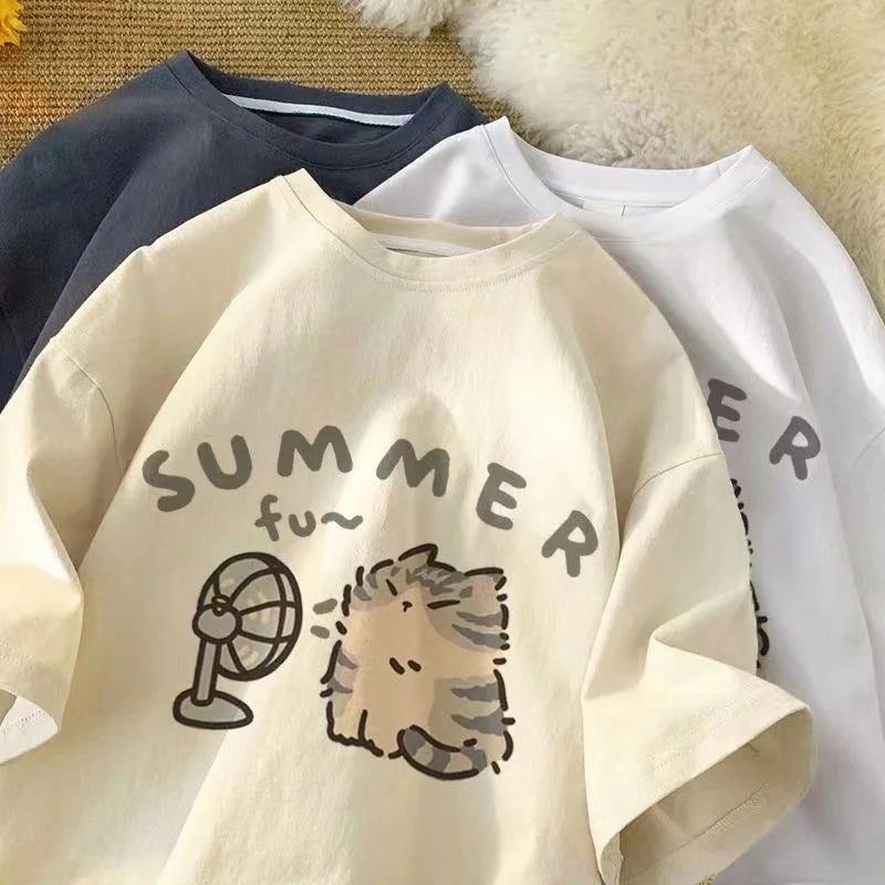 Girl Clothes 100% Pure Cotton Kids Summer Cat Fan Print T Shirt Boys Girls Cute Cartoon Short Sleeve Tee Casual Pink