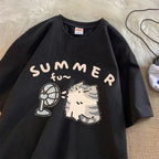 Girl Clothes 100% Pure Cotton Kids Summer Cat Fan Print T Shirt Boys Girls Cute Cartoon Short Sleeve Tee Casual Pink