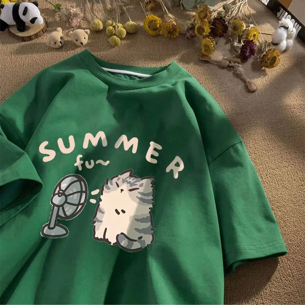 Girl Clothes 100% Pure Cotton Kids Summer Cat Fan Print T Shirt Boys Girls Cute Cartoon Short Sleeve Tee Casual Pink