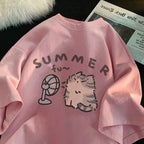 Girl Clothes 100% Pure Cotton Kids Summer Cat Fan Print T Shirt Boys Girls Cute Cartoon Short Sleeve Tee Casual Pink
