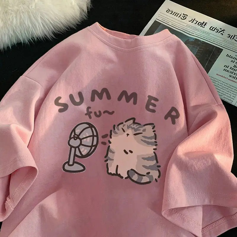 Girl Clothes 100% Pure Cotton Kids Summer Cat Fan Print T Shirt Boys Girls Cute Cartoon Short Sleeve Tee Casual Pink