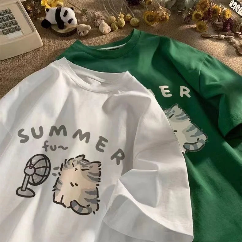 Girl Clothes 100% Pure Cotton Kids Summer Cat Fan Print T Shirt Boys Girls Cute Cartoon Short Sleeve Tee Casual Pink
