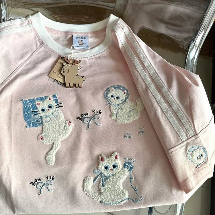 Pink Towel-Embroidered Cat Raglan Tee - kawaii-inspired outfit in pastel colors - 29682713