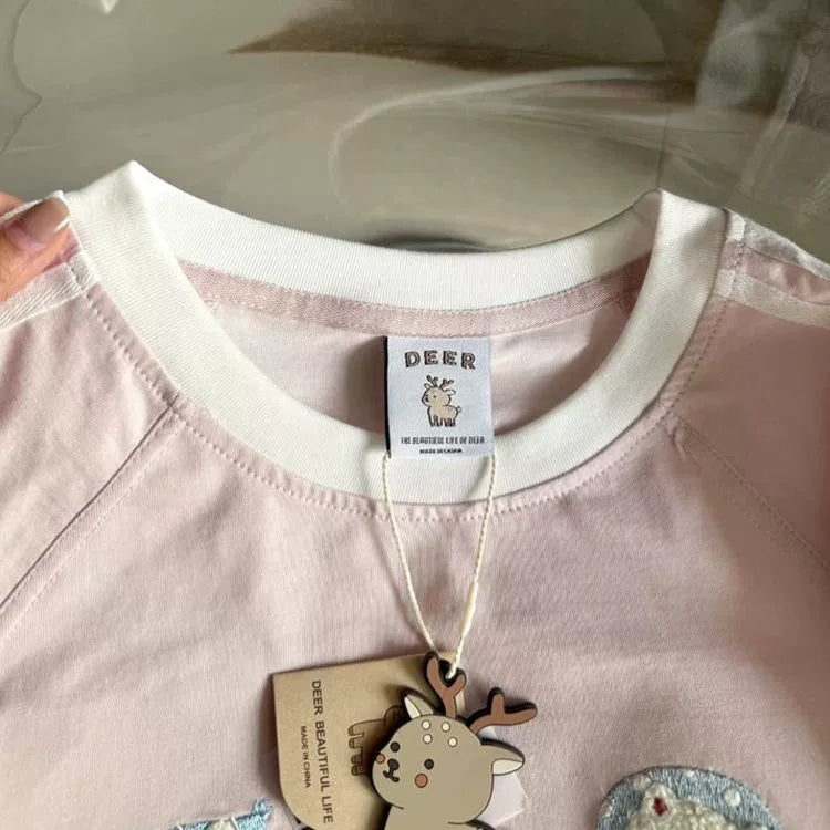 Pink Towel-Embroidered Cat Raglan Tee - kawaii-inspired outfit in pastel colors - 15986218