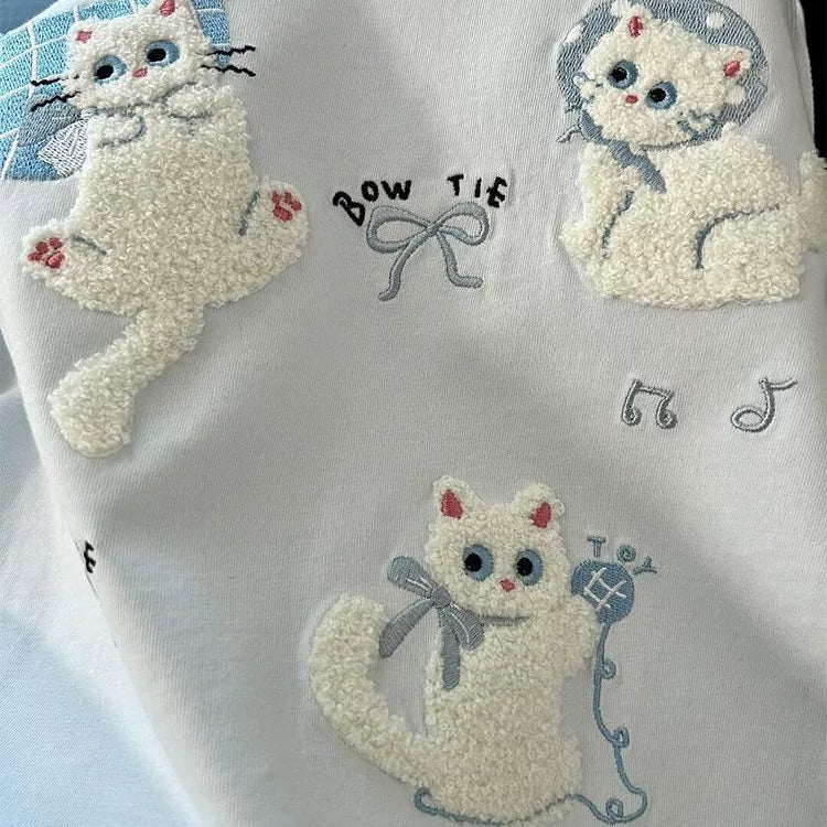 Pink Towel-Embroidered Cat Raglan Tee - kawaii-inspired outfit in pastel colors - 81928602