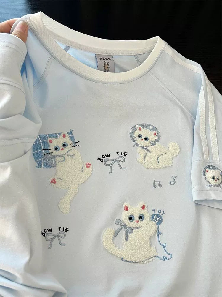 Pink Towel-Embroidered Cat Raglan Tee - kawaii-inspired outfit in pastel colors - 35660312