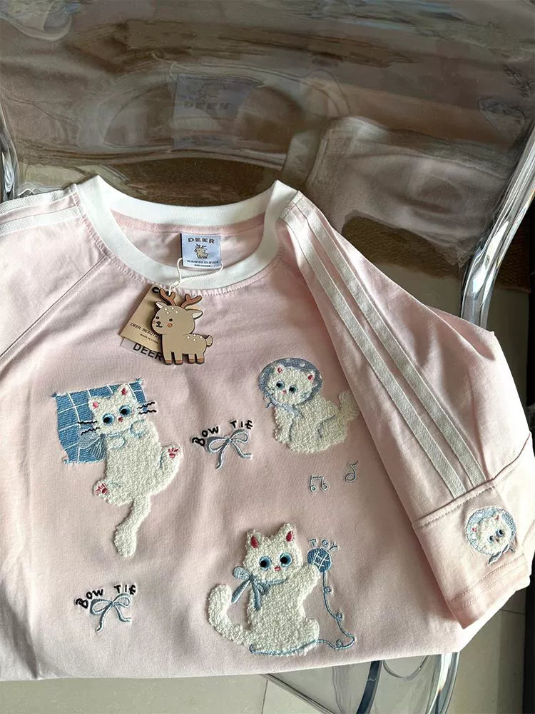 Pink Towel-Embroidered Cat Raglan Tee - kawaii-inspired outfit in pastel colors - 71207351
