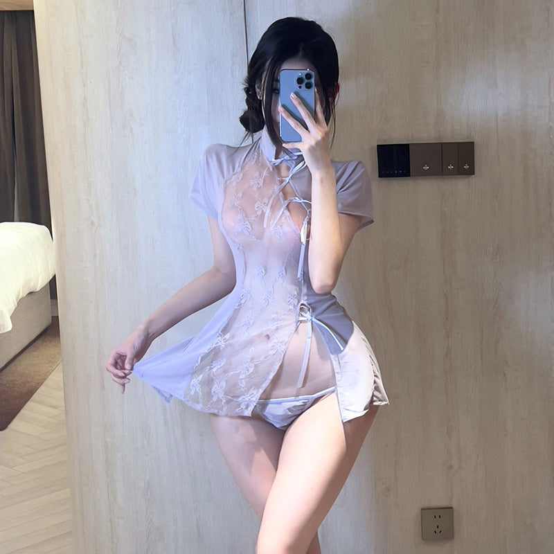 Sexy Underwear Retro Cheongsam Embroidery Hollow Lace Skirt Sexy Backless Antique Strap Pure Desire Uniform Temptation