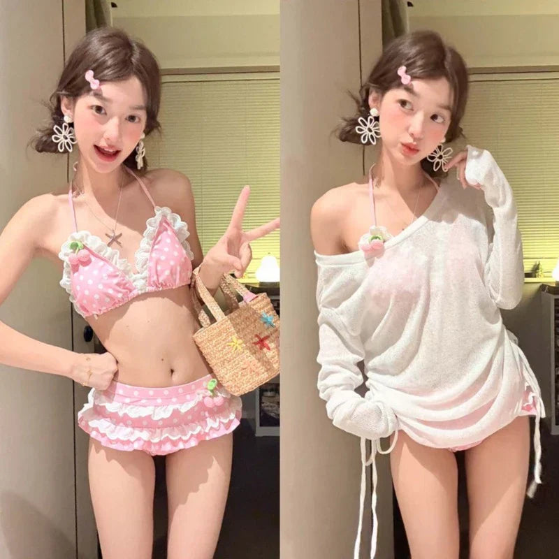Y2k Cute Kawaii Two-Piece Bikini Set Sweet Lolita Style Swimwear Hot Girl Sweet Print Dot Cherry Patchwork Pool Party
