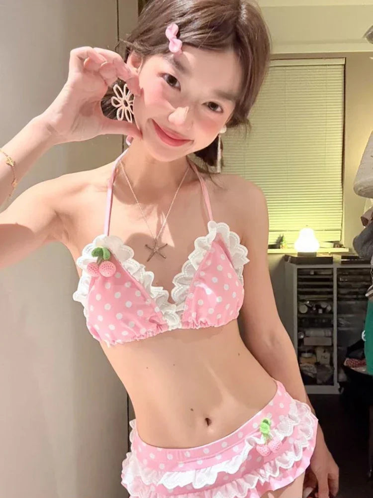 Y2k Cute Kawaii Two-Piece Bikini Set Sweet Lolita Style Swimwear Hot Girl Sweet Print Dot Cherry Patchwork Pool Party
