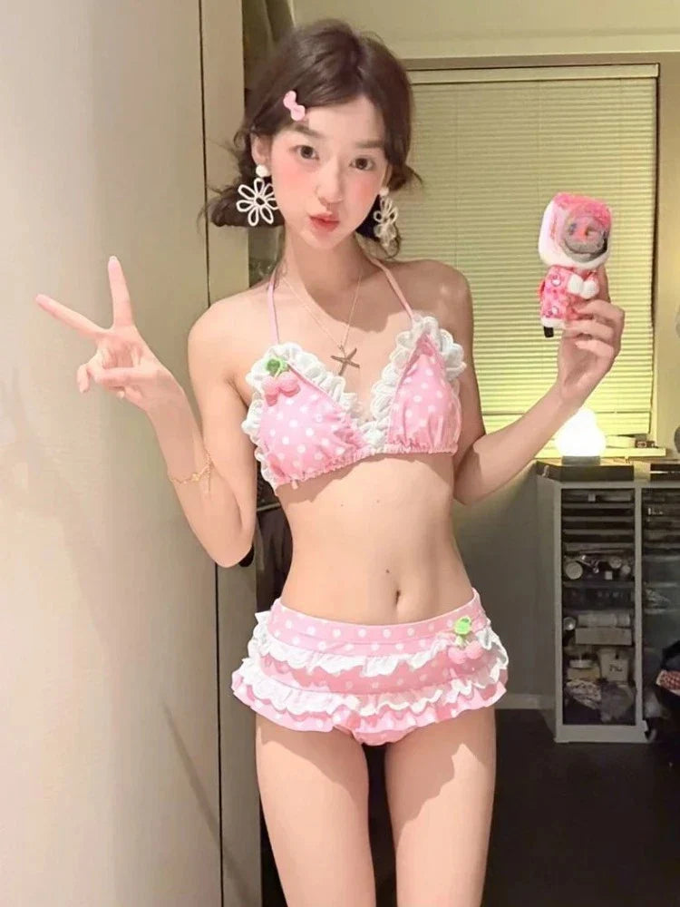 Y2k Cute Kawaii Two-Piece Bikini Set Sweet Lolita Style Swimwear Hot Girl Sweet Print Dot Cherry Patchwork Pool Party