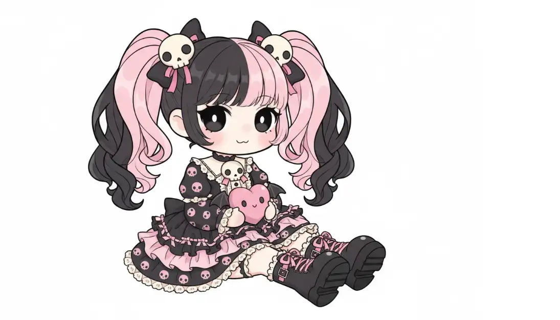 A chibi-style anime girl with black and pink hair styled in pigtails, wearing a black and pink skull-patterned dress with lace trim and matching boots.