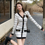 Tweed Style Contrasting Color Knitted Dress 2025 Autumn and Winter Korean and Japanese Socialite V-Neck Light Luxury