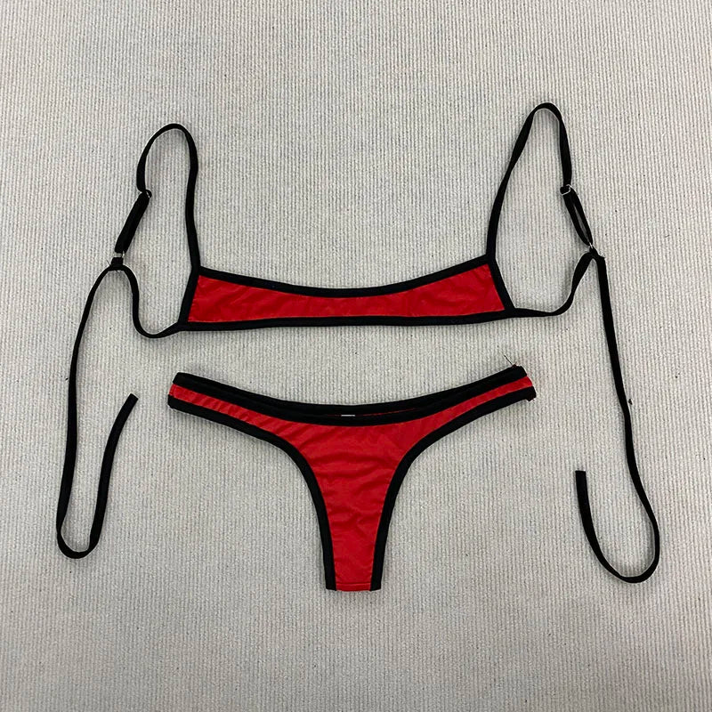 Retro Shoulder Strap Adjustable Backless Simple Summer Split Bikini Y2K Aesthetic Sexy Spice Girl Beach Contrast Color