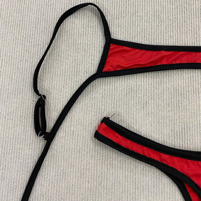Retro Shoulder Strap Adjustable Backless Simple Summer Split Bikini Y2K Aesthetic Sexy Spice Girl Beach Contrast Color