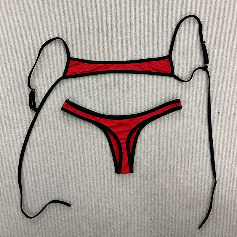 Retro Shoulder Strap Adjustable Backless Simple Summer Split Bikini Y2K Aesthetic Sexy Spice Girl Beach Contrast Color