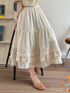 Sweet Retro Lace-Stitched Cotton Midi Skirt - kawaii-inspired outfit in pastel colors - 51613308
