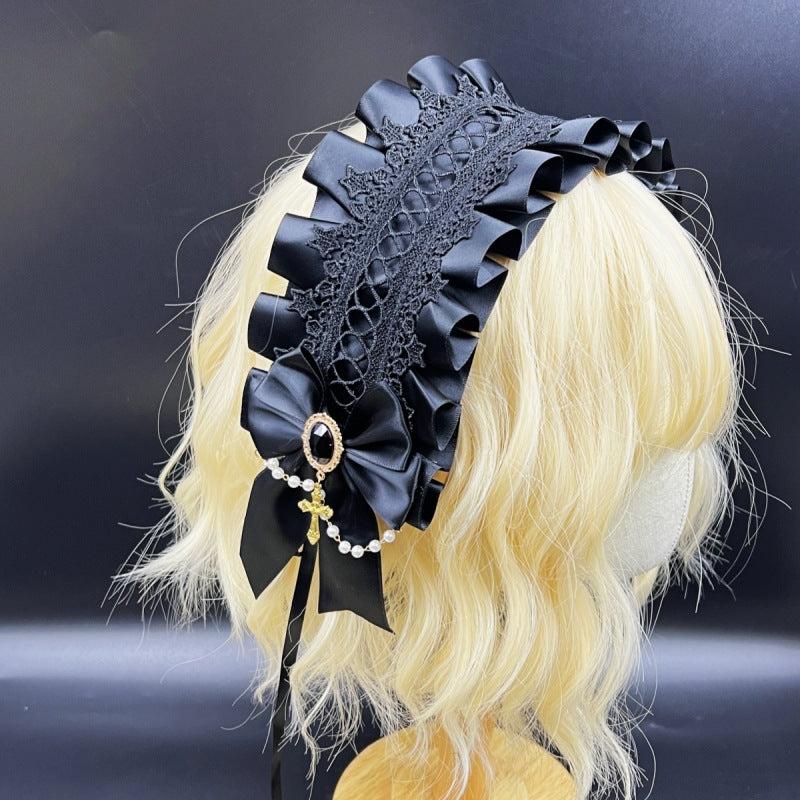 Lolita Hair Band Headwear Lolita Gothic Dark Collection Cross with Angel Handle Sweet Hair Accessories - All Black