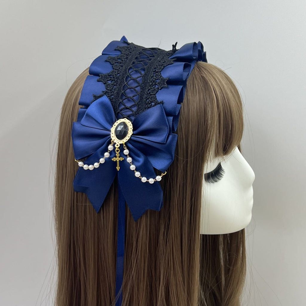 Lolita Hair Band Headwear Lolita Gothic Dark Collection Cross with Angel Handle Sweet Hair Accessories - Black lace