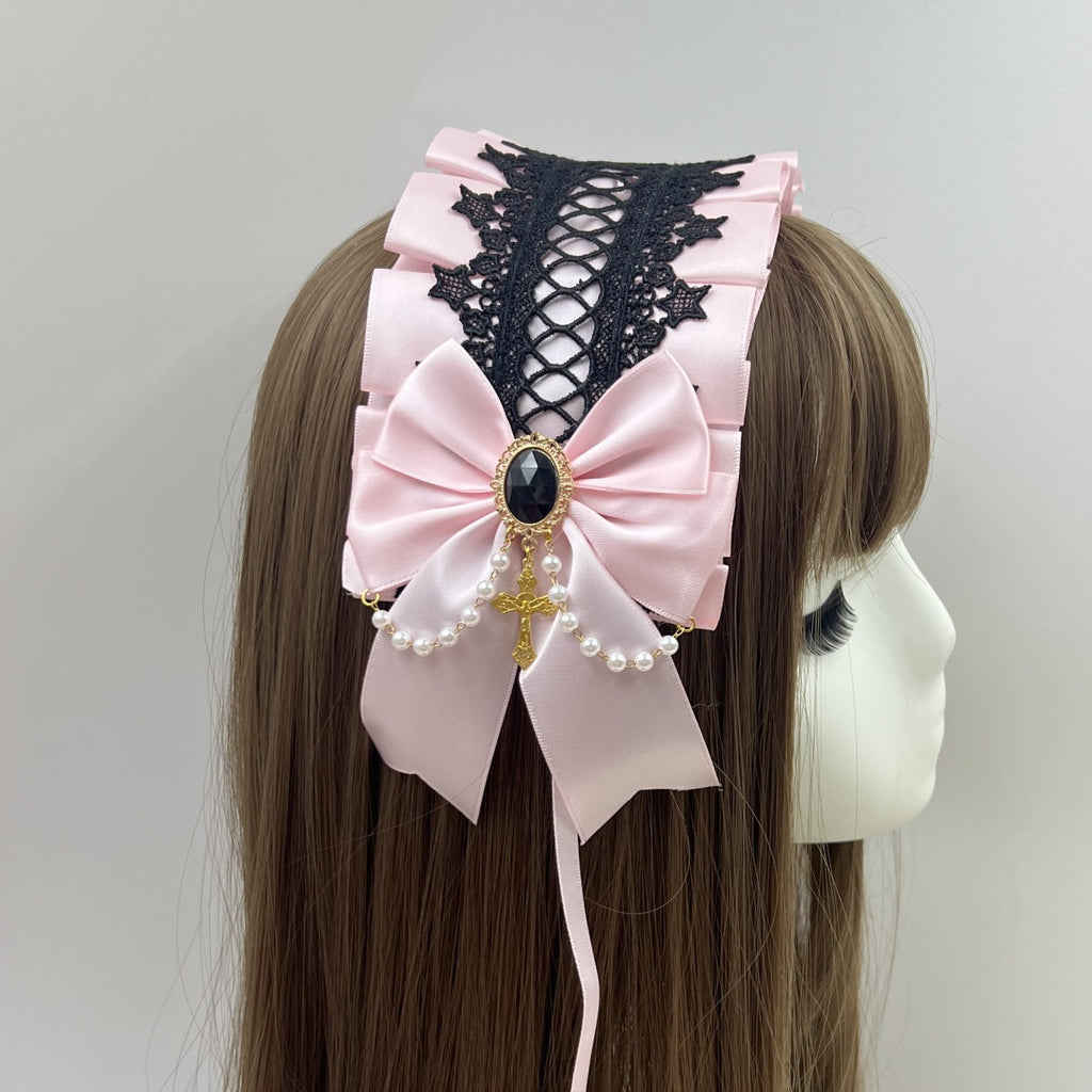 Lolita Hair Band Headwear Lolita Gothic Dark Collection Cross with Angel Handle Sweet Hair Accessories - Black Lace