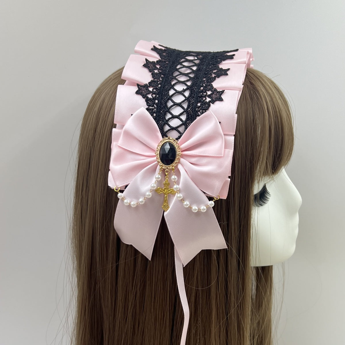 Lolita Hair Band Headwear Lolita Gothic Dark Collection Cross with Angel Handle Sweet Hair Accessories - Black Lace