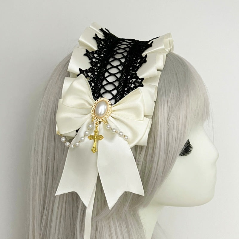 Lolita Hair Band Headwear Lolita Gothic Dark Collection Cross with Angel Handle Sweet Hair Accessories - black lace