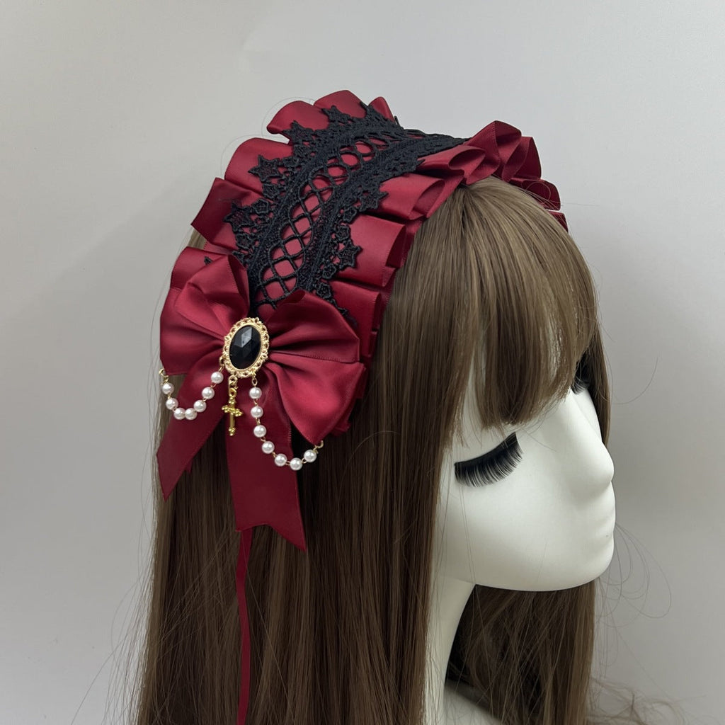 Lolita Hair Band Headwear Lolita Gothic Dark Collection Cross with Angel Handle Sweet Hair Accessories - Black Lace