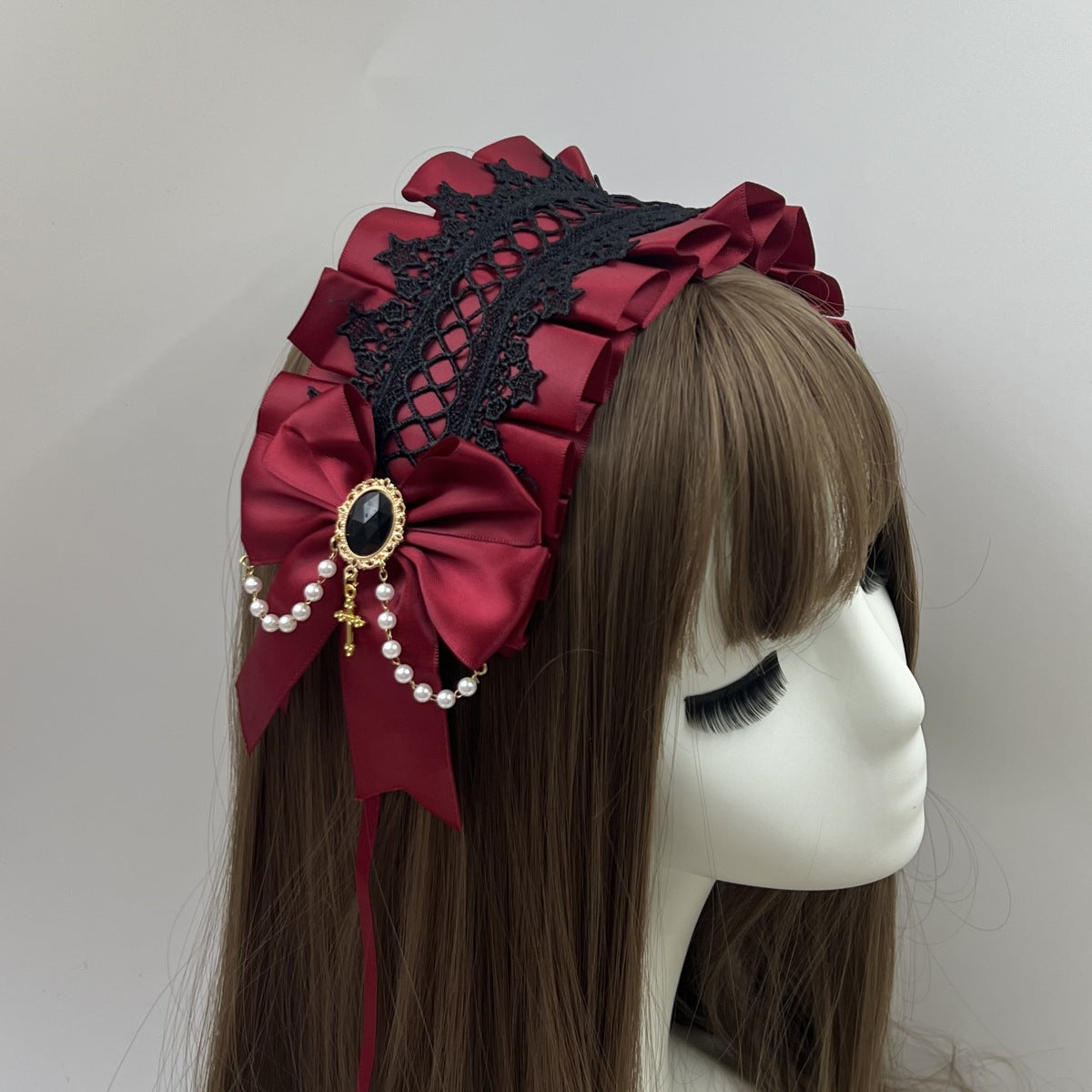 Lolita Hair Band Headwear Lolita Gothic Dark Collection Cross with Angel Handle Sweet Hair Accessories - Black Lace