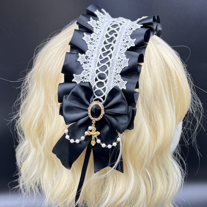 Lolita Hair Band Headwear Lolita Gothic Dark Collection Cross with Angel Handle Sweet Hair Accessories - white lace
