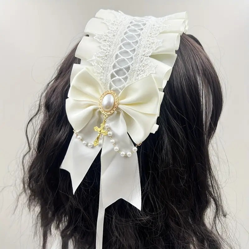 Lolita Hair Band Headwear Lolita Gothic Dark Collection Cross with Angel Handle Sweet Hair Accessories - White Lace