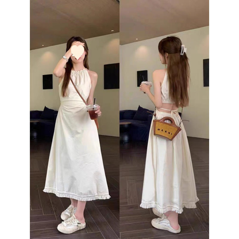 Designed Cut Out Waistless Halterneck Suspender Dress for Women Summer Lace-Up Waist Slimming Holiday Style Tassel