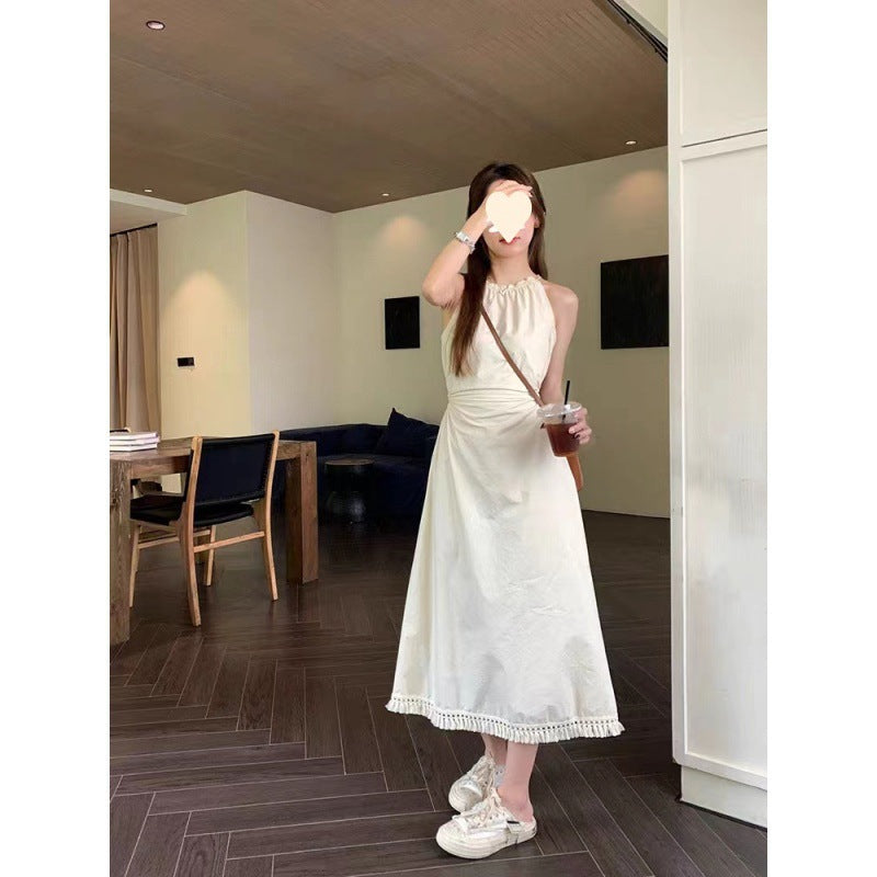 Designed Cut Out Waistless Halterneck Suspender Dress for Women Summer Lace-Up Waist Slimming Holiday Style Tassel