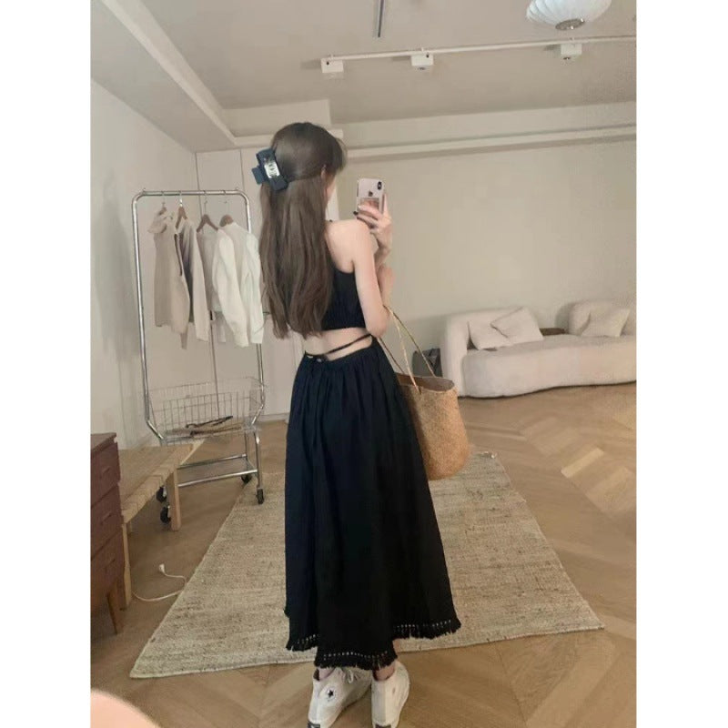 Designed Cut Out Waistless Halterneck Suspender Dress for Women Summer Lace-Up Waist Slimming Holiday Style Tassel