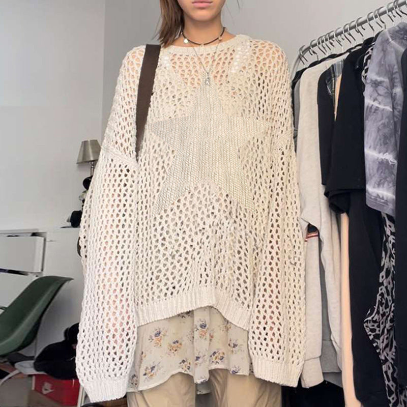Lazy Style Star Loose Long-Sleeved Knitwear 2025 Women’s Sexy Cut Out See-Through Pure Color Slimming Look Woolen Blouse