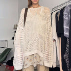 Lazy Style Star Loose Long-Sleeved Knitwear 2025 Women’s Sexy Cut Out See-Through Pure Color Slimming Look Woolen Blouse