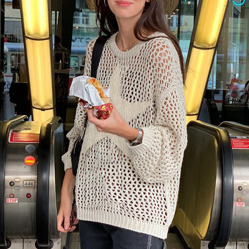 Lazy Style Star Loose Long-Sleeved Knitwear 2025 Women’s Sexy Cut Out See-Through Pure Color Slimming Look Woolen Blouse