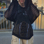 Lazy Style Star Loose Long-Sleeved Knitwear 2025 Women’s Sexy Cut Out See-Through Pure Color Slimming Look Woolen Blouse