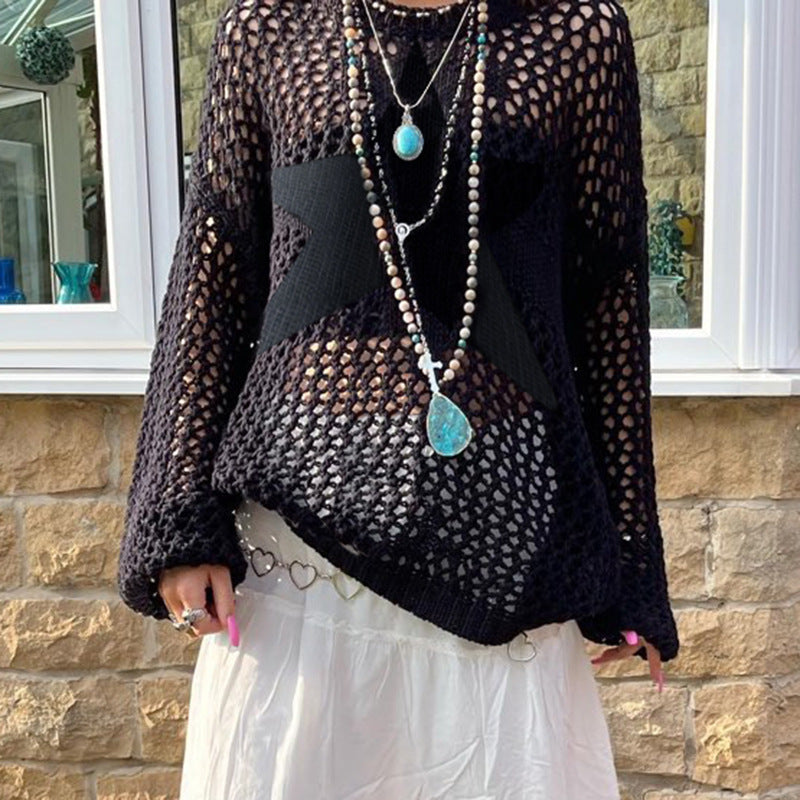 Lazy Style Star Loose Long-Sleeved Knitwear 2025 Women’s Sexy Cut Out See-Through Pure Color Slimming Look Woolen Blouse