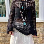 Lazy Style Star Loose Long-Sleeved Knitwear 2025 Women’s Sexy Cut Out See-Through Pure Color Slimming Look Woolen Blouse