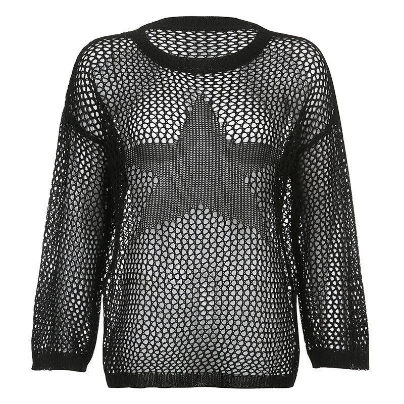 Lazy Style Star Loose Long-Sleeved Knitwear 2025 Women’s Sexy Cut Out See-Through Pure Color Slimming Look Woolen