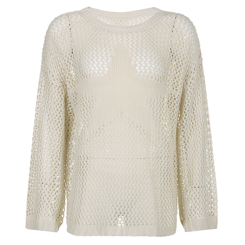 Lazy Style Star Loose Long-Sleeved Knitwear 2025 Women’s Sexy Cut Out See-Through Pure Color Slimming Look Woolen
