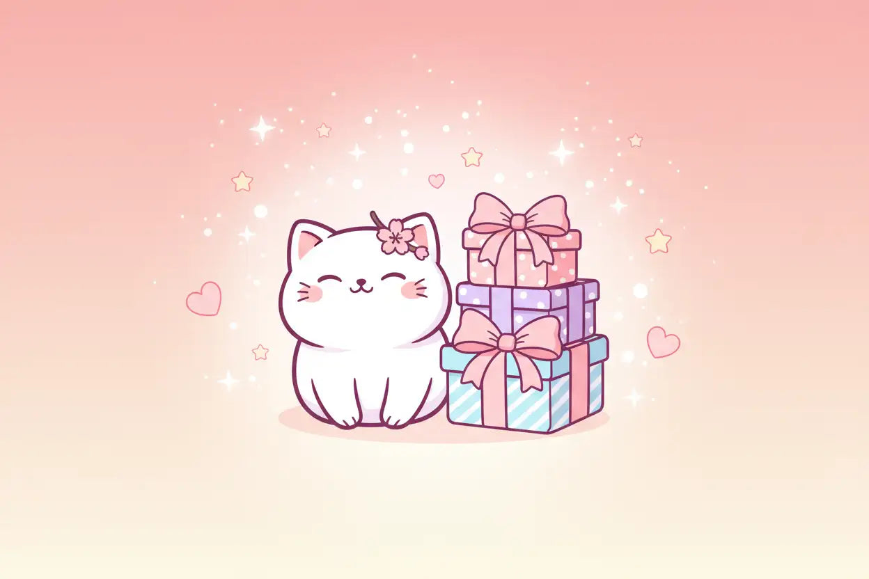 A cute white cartoon cat with a pink flower on its head sits beside three stacked gift boxes tied with pink bows.