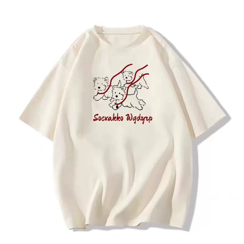 Cotton White Loose Graphic Dog T-Shirt - kawaii-inspired outfit in pastel colors - 74262018