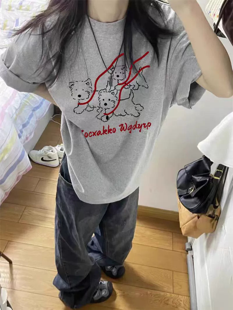 Cotton White Loose Graphic Dog T-Shirt - kawaii-inspired outfit in pastel colors - 51562435