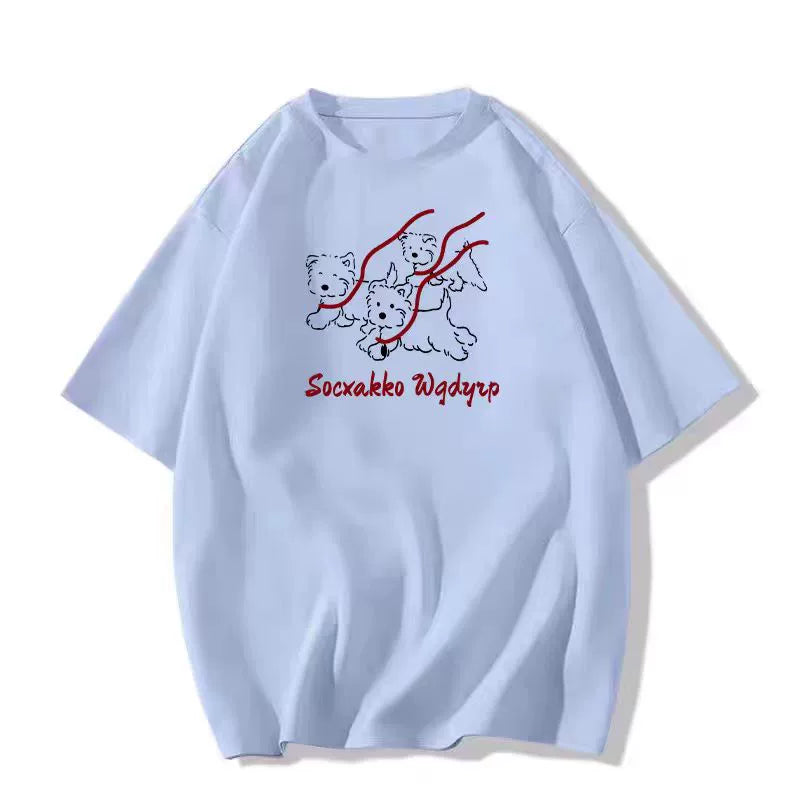 Cotton White Loose Graphic Dog T-Shirt - kawaii-inspired outfit in pastel colors - 71374540
